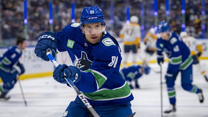 Apr 23, 2024; Vancouver, British Columbia, CAN;  Vancouver Canucks forward Dakota Joshua (81) shoots in warm up prior to game two of the first round of the 2024 Stanley Cup Playoffs against the Nashville Predators at Rogers Arena. Mandatory Credit: Bob Frid-Imagn Images