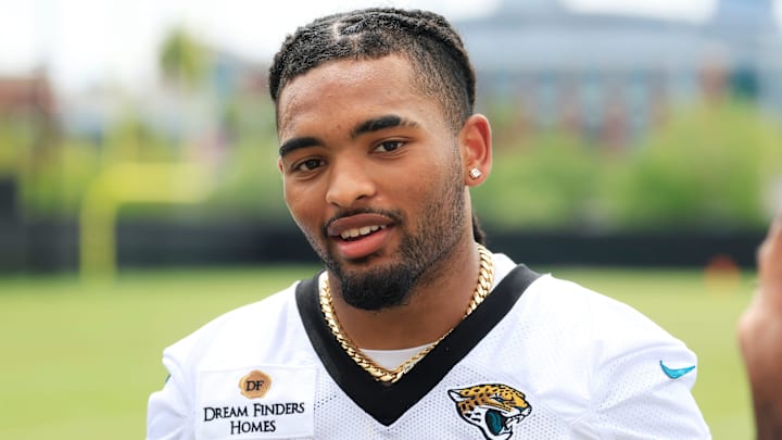 Jacksonville Jaguars safety Cam'Ron Silmon-Craig (32) talks during an interview during a rookie minicamp at Miller Electric Center Saturday, May 10, 2025 in Jacksonville, Fla. [Corey Perrine/Florida Times-Union]