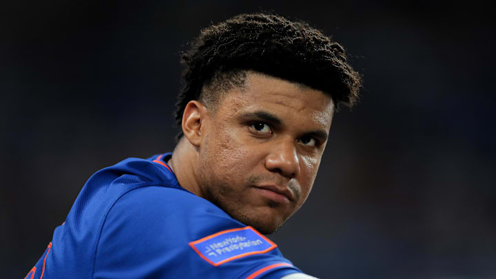 Apr 1, 2025; Miami, Florida, USA; New York Mets right fielder Juan Soto (22) looks on from the dugout against the Miami Marlins during the seventh inning at loanDepot Park. Mandatory Credit: Sam Navarro-Imagn Images
