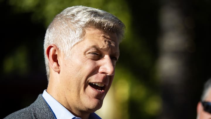 Nov 7, 2023; Scottsdale, AZ, USA; Baltimore Orioles general manager Mike Elias speaks to the media during the MLB General Manager's Meetings at Omni Scottsdale Resort & Spa. Mandatory Credit: Mark J. Rebilas-Imagn Images