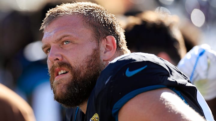 Jacksonville Jaguars guard Brandon Scherff (68) looks on from the sideline during the second quarter an NFL football matchup Sunday, Nov. 19, 2023 at EverBank Stadium in Jacksonville, Fla. The Jacksonville Jaguars defeated the Tennessee Titans 34-14. [Corey Perrine/Florida Times-Union]
