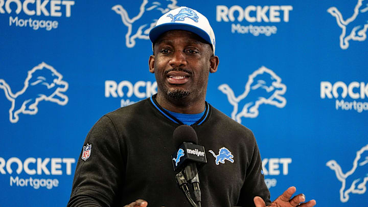 Detroit Lions assistant head coach and running backs coach Scottie Montgomery speaks at Meijer Performance Center in Allen Park on Friday, Jan.3, 2025.