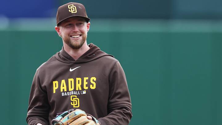 Apr 6, 2026; Pittsburgh, Pennsylvania, USA;  San Diego Padres second baseman Jake Cronenworth (9) warms up before the game against the Pittsburgh Pirates at PNC Park. Mandatory Credit: Charles LeClaire-Imagn Images