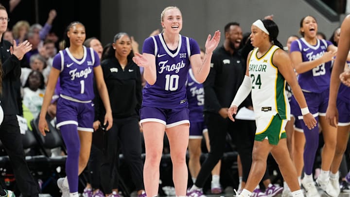 Mar 2, 2025; Waco, Texas, USA; TCU Horned Frogs guard Hailey Van Lith (10) reacts after a play against the Baylor Lady Bears during the second half at Paul and Alejandra Foster Pavilion. Mandatory Credit: Chris Jones-Imagn Images Mar 2, 2025; Waco, Texas, USA; TCU Horned Frogs guard Hailey Van Lith (10) reacts after a play against the Baylor Lady Bears during the second half at Paul and Alejandra Foster Pavilion. Mandatory Credit: Chris Jones-Imagn Images