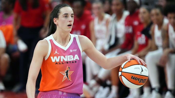 Team WNBA guard Caitlin Clark dribbles during the WNBA All Star Game at Footprint Center.