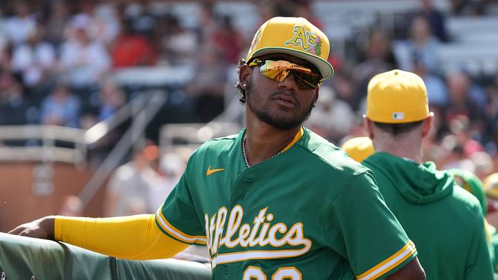 Feb 23, 2026; Scottsdale, Arizona, USA; Athletics shortstop Leo de Vries (83) prepares to play the San Francisco Giants at Scottsdale Stadium. Mandatory Credit: Rick Scuteri-Imagn Images