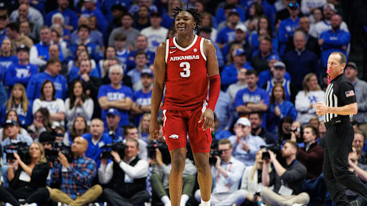 Feb 1, 2025; Lexington, Kentucky, USA; Arkansas Razorbacks forward Adou Thiero (3) reacts after making a basket during the first half against the Kentucky Wildcats at Rupp Arena at Central Bank Center. Mandatory Credit: Jordan Prather-Imagn Images