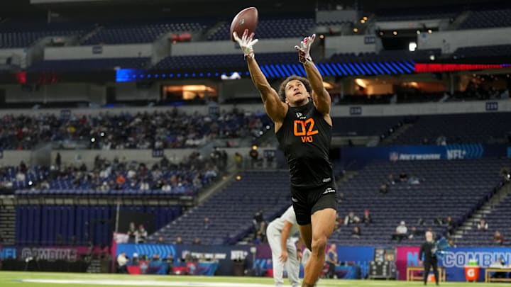 Mar 1, 2025; Indianapolis, IN, USA; Stanford wideout Elic Ayomanor (WO02) during the 2025 NFL Combine at Lucas Oil Stadium. Mandatory Credit: Kirby Lee-Imagn Images