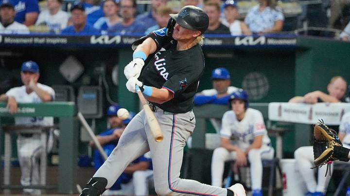 Kyle Stowers and the Marlins are underdogs in Kansas City. Kyle Stowers and the Marlins are underdogs in Kansas City.