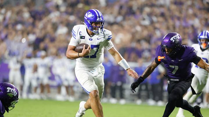 Oct 3, 2026; Fort Worth, Texas, USA;  BYU Cougars quarterback Bear Bachmeier (47) runs for a 21-yard touchdown against the TCU Horned Frogs during the second half at Amon G. Carter Stadium.  Mandatory Credit: Chris Jones-Imagn Images
