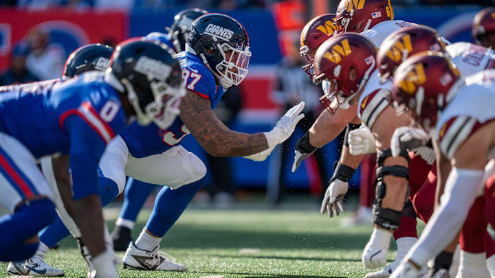 New York Giants defensive tackle Dexter Lawrence II (97) lines up on defense during a game between the New York Giants and the Washington Commanders at MetLife Stadium in East Rutherford on Sunday, Nov. 3, 2024. New York Giants defensive tackle Dexter Lawrence II (97) lines up on defense during a game between the New York Giants and the Washington Commanders at MetLife Stadium in East Rutherford on Sunday, Nov. 3, 2024.