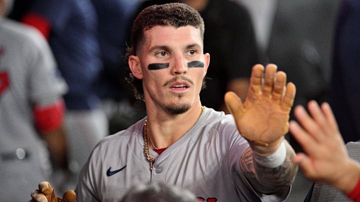 Sep 24, 2024; Toronto, Ontario, CAN; Boston Red Sox left fielder Jarren Duran (16) celebrates with teammates in the dugout after scoring a run against the Toronto Blue Jays in the tenth inning at Rogers Centre. Mandatory Credit: Dan Hamilton-Imagn Images