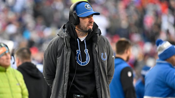 Dec 1, 2024; Foxborough, Massachusetts, USA; Indianapolis Colts head coach Shane Steichen works form the sideline during the first half against the Indianapolis Colts at Gillette Stadium. Mandatory Credit: Eric Canha-Imagn Images Dec 1, 2024; Foxborough, Massachusetts, USA; Indianapolis Colts head coach Shane Steichen works form the sideline during the first half against the Indianapolis Colts at Gillette Stadium. Mandatory Credit: Eric Canha-Imagn Images