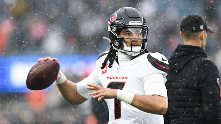 Jan 18, 2026; Foxborough, MA, USA; Houston Texans quarterback C.J. Stroud (7) warms up before an AFC Divisional Round game against the New England Patriots at Gillette Stadium. Mandatory Credit: Brian Fluharty-Imagn Images