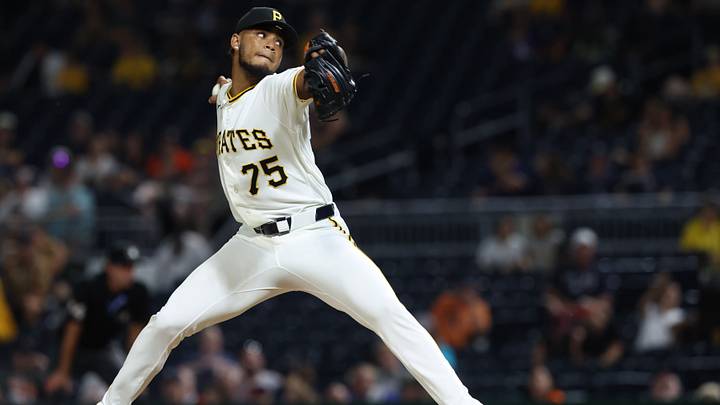 Aug 17, 2026; Pittsburgh, Pennsylvania, USA;  Pittsburgh Pirates relief pitcher Camilo Doval (75) pitches against the Detroit Tigers during the ninth inning at PNC Park. Mandatory Credit: Charles LeClaire-Imagn Images
