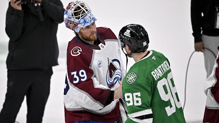 May 3, 2025; Dallas, Texas, USA; Colorado Avalanche goaltender Mackenzie Blackwood (39) shakes hands with Dallas Stars right wing Mikko Rantanen (96) after the Stars defeats the Avalanche in game seven of the first round of the 2025 Stanley Cup Playoffs at American Airlines Center. Mandatory Credit: Jerome Miron-Imagn Images