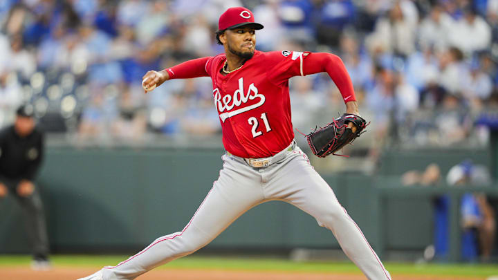 May 28, 2025; Kansas City, Missouri, USA; Cincinnati Reds starting pitcher Hunter Greene (21) pitches against the Kansas City Royals at Kauffman Stadium. Mandatory Credit: Jay Biggerstaff-Imagn Images