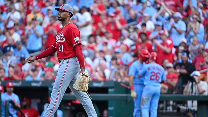 Jul 25, 2026; St. Louis, Missouri, USA; Cincinnati Reds starting pitcher Hunter Greene (21) looks on after giving up a one run single against the St. Louis Cardinals during the first inning at Busch Stadium. Mandatory Credit: Jeff Curry-Imagn Images