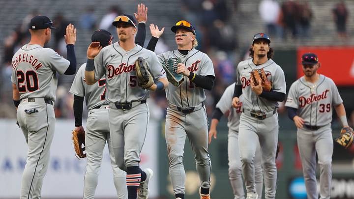 The Detroit Tigers celebrate their win over the San Francisco Giants. The Detroit Tigers celebrate their win over the San Francisco Giants.