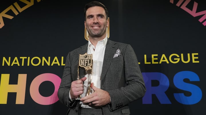 Feb 8, 2024; Las Vegas, NV, USA; Joe Flacco during the NFL Hall of Fame Class of 2024 press
