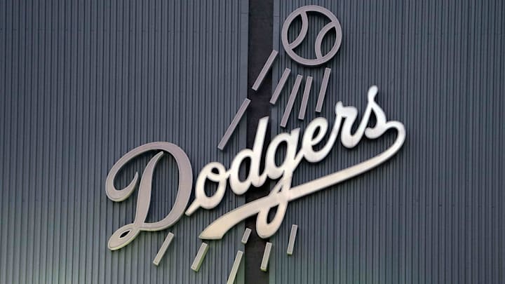 Jul 15, 2020; Los Angeles, California, United States; A general overall view of the Los Angeles Dodgers logo at Dodger Stadium. Mandatory Credit: Kirby Lee-Imagn Images