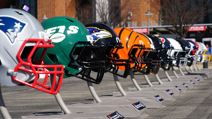 Feb 28, 2024; Indianapolis, IN, USA; A general view of large helmets of the New York Jets, Baltimore Ravens and Cincinnati Bengals at the NFL Scouting Combine Experience at Lucas Oil Stadium. Mandatory Credit: Kirby Lee-Imagn Images