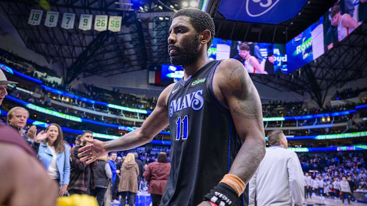 Nov 28, 2023; Dallas, Texas, USA; Dallas Mavericks guard Kyrie Irving (11) walks off the court after