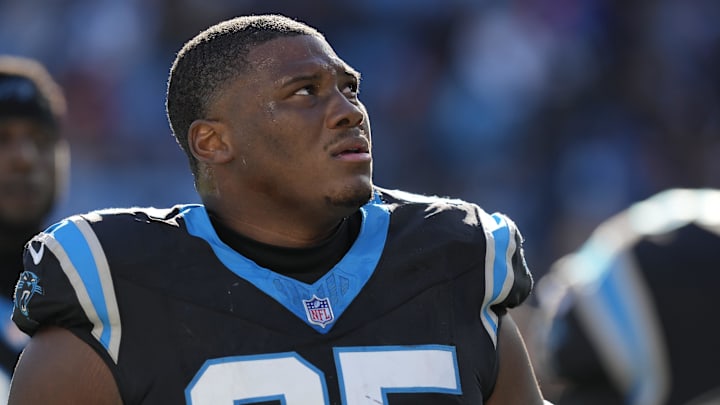 Jan 7, 2024; Charlotte, North Carolina, USA; Carolina Panthers defensive tackle Derrick Brown (95) during the second quarter against the Tampa Bay Buccaneers at Bank of America Stadium. Mandatory Credit: Jim Dedmon-Imagn Images