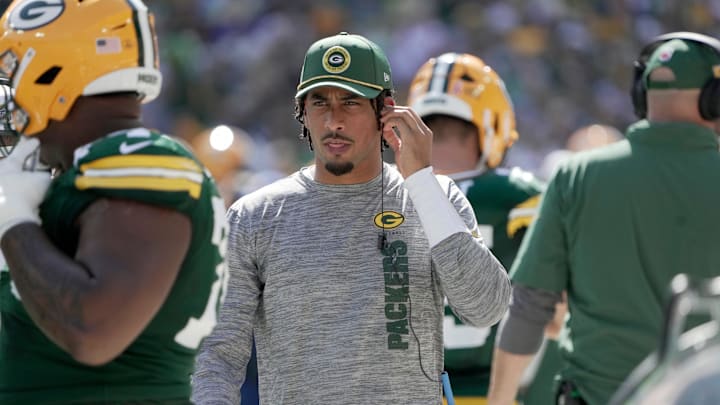 Injured Green Bay Packers quarterback Jordan Love is shown during the first quarter of their game against the Indianapolis Colts Sunday, September 15, 2024 at Lambeau Field in Green Bay, Wisconsin.