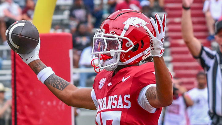Arkansas Razorbacks wide receiver Jalen Brown celebrates after scoring a touchdown against the Alabama A&M Bulldogs on Saturday at Razorback Stadium in Fayetteville, Ark. Arkansas Razorbacks wide receiver Jalen Brown celebrates after scoring a touchdown against the Alabama A&M Bulldogs on Saturday at Razorback Stadium in Fayetteville, Ark.