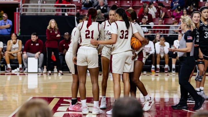 The Boston College women's basketball team huddles in earlier action this season. 