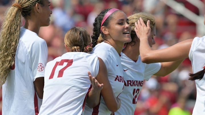 Arkansas soccer celebrates a goal in a 8-0 win over Western Kentucky at Razorback Field 