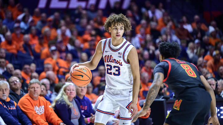 Jan 21, 2026; Champaign, Illinois, USA; Illinois Fighting Illini guard Keaton Wagler (23) brings the ball up against Maryland Terrapins guard David Coit (8) in the first half at State Farm Center. Mandatory Credit: Fred Zwicky-Imagn Images Jan 21, 2026; Champaign, Illinois, USA; Illinois Fighting Illini guard Keaton Wagler (23) brings the ball up against Maryland Terrapins guard David Coit (8) in the first half at State Farm Center. Mandatory Credit: Fred Zwicky-Imagn Images