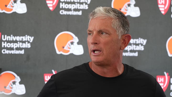 Aug 5, 2024; Cleveland Browns defensive coordinator Jim Schwartz during a press conference at the Browns training facility in Berea, Ohio. Mandatory Credit: Bob Donnan-Imagn Images