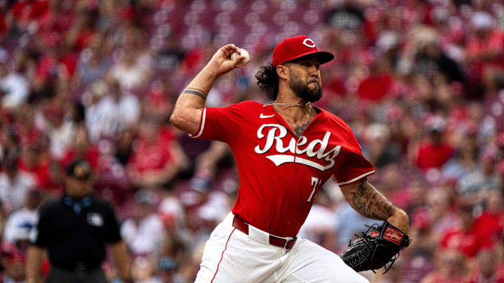 Cincinnati Reds pitcher Lyon Richardson delivers the pitch in the seventh inning between Cincinnati Reds and San Diego Padres at Great American Ball Park in Cincinnati on Saturday, June 28, 2025. Cincinnati Reds pitcher Lyon Richardson delivers the pitch in the seventh inning between Cincinnati Reds and San Diego Padres at Great American Ball Park in Cincinnati on Saturday, June 28, 2025.