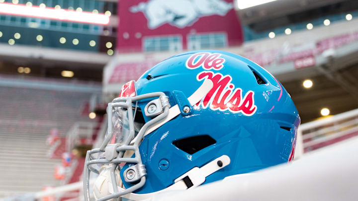 Ole Miss' powder blue helmet in Fayetteville on Saturday.