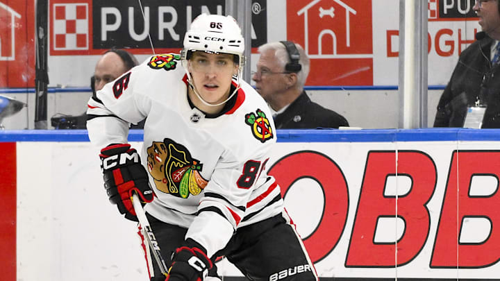 Mar 22, 2025; St. Louis, Missouri, USA;  Chicago Blackhawks center Teuvo Teravainen (86) controls the puck against the St. Louis Blues during the first period at Enterprise Center. Mandatory Credit: Jeff Curry-Imagn Images