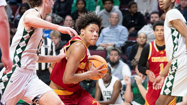 Mar 14, 2025; Piscataway, New Jersey, United States; Bergen Catholic vs. Camden Catholic in the Non-Public A state boys basketball championship at Jersey Mike's Arena at Rutgers. BC #11 Jaden Brown drives to the basket.