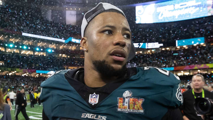 Feb 9, 2025; New Orleans, LA, USA; Philadelphia Eagles running back Saquon Barkley (26) after defeating the Kansas City Chiefs during Super Bowl LIX at Ceasars Superdome. 