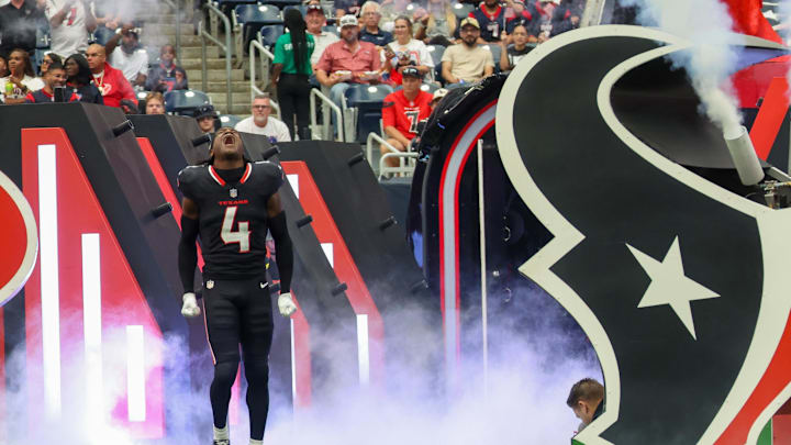 Nov 9, 2025; Houston, Texas, USA; Houston Texans cornerback Kamari Lassiter (4) takes the field prior to a game against the Jacksonville Jaguars at NRG Stadium. Mandatory Credit: Thomas Shea-Imagn Images