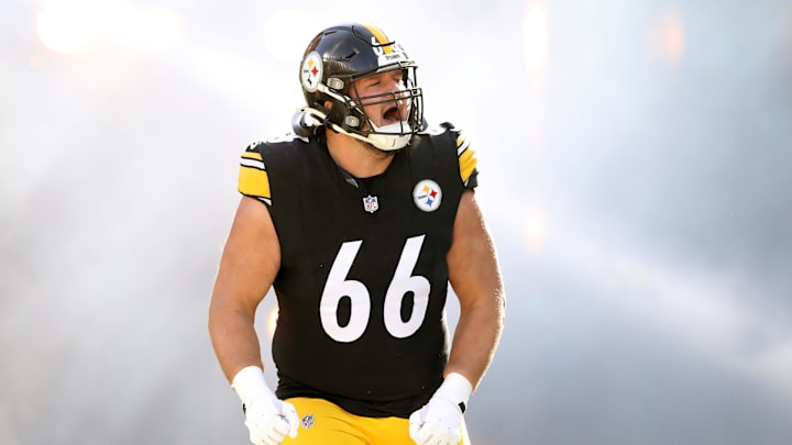 Dec 8, 2024; Pittsburgh, Pennsylvania, USA;  Pittsburgh Steelers guard Mason McCormick (66) reacts as he takes the field against the Cleveland Browns at Acrisure Stadium. Mandatory Credit: Charles LeClaire-Imagn Images
