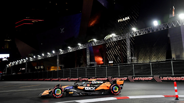 Nov 21, 2024; Las Vegas, Nevada, USA; McLaren Team driver Oscar Piastri (81) during practice for the Las Vegas Grand Prix at Las Vegas Circuit. Mandatory Credit: Gary A. Vasquez-Imagn Images