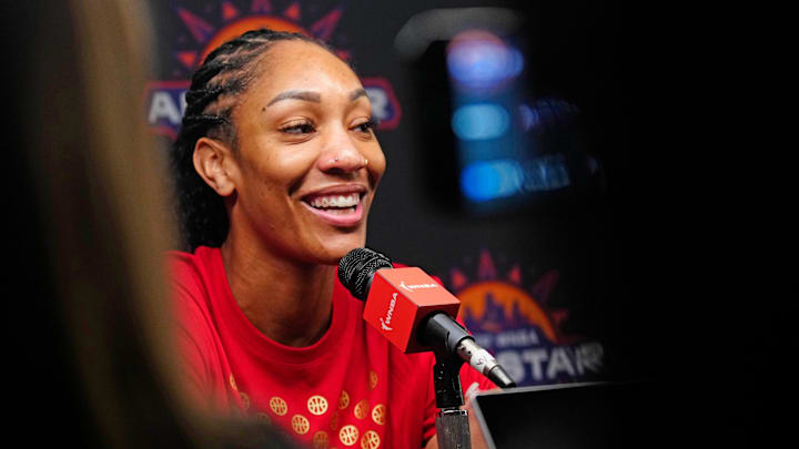 July 19, 2024; Phoenix, Ariz., U.S.; USA center A'ja Wilson speaks to the press during WNBA All-Star Media Day at the Footprint Center.
