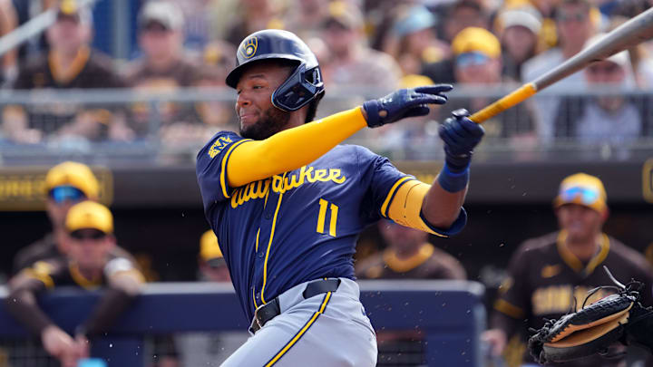 Feb 24, 2024; Peoria, Arizona, USA; Milwaukee Brewers center fielder Jackson Chourio (11) bats