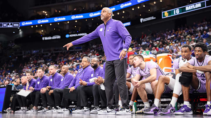 Mar 12, 2025; Kansas City, MO, USA; Kansas State Wildcats coach Jerome Tang on the sidelines during the first half against the Baylor Bears at T-Mobile Center. Mandatory Credit: William Purnell-Imagn Images