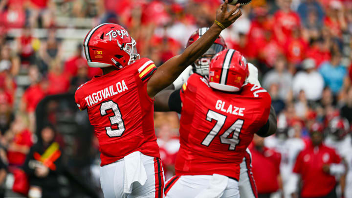 Sep 30, 2023; College Park, Maryland, USA; Maryland Terrapins quarterback Taulia Tagovailoa (3) throws as offensive lineman Delmar Glaze (74) blocks during the first half  against the Indiana Hoosiers at SECU Stadium. Mandatory Credit: Tommy Gilligan-USA TODAY Sports