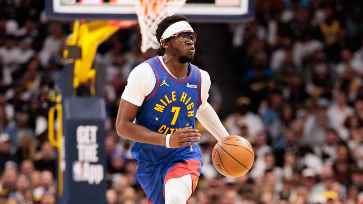 Apr 20, 2024; Denver, Colorado, USA; Denver Nuggets guard Reggie Jackson (7) drives to the basket during the first quarter against the Los Angeles Lakers in game one of the first round for the 2024 NBA playoffs at Ball Arena. Mandatory Credit: Andrew Wevers-USA TODAY Sports Apr 20, 2024; Denver, Colorado, USA; Denver Nuggets guard Reggie Jackson (7) drives to the basket during the first quarter against the Los Angeles Lakers in game one of the first round for the 2024 NBA playoffs at Ball Arena. Mandatory Credit: Andrew Wevers-USA TODAY Sports