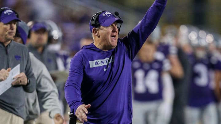 Nov 16, 2024; Manhattan, Kansas, USA; Kansas State Wildcats head coach Chris Klieman yells to his team during the fourth quarter against the Arizona State Sun Devils at Bill Snyder Family Football Stadium. Mandatory Credit: Scott Sewell-Imagn Images