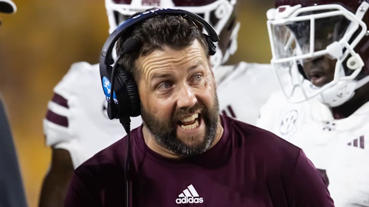 Sep 7, 2024; Tempe, Arizona, USA; Mississippi State Bulldogs defensive coordinator Coleman Hutzler against the Arizona State Sun Devils at Mountain America Stadium. Mandatory Credit: Mark J. Rebilas-Imagn Images Sep 7, 2024; Tempe, Arizona, USA; Mississippi State Bulldogs defensive coordinator Coleman Hutzler against the Arizona State Sun Devils at Mountain America Stadium. Mandatory Credit: Mark J. Rebilas-Imagn Images