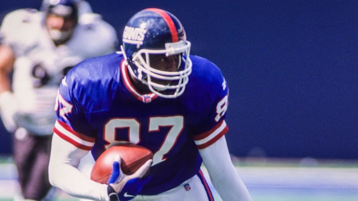 Sep 14, 1997; East Rutherford, NJ, USA; FILE PHOTO; New York Giants tight end Howard Cross (87) in action against the Baltimore Ravens at Giants Stadium. Mandatory Credit: Lou Capozzola-USA TODAY NETWORK